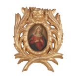 SCUOLA SPAGNOLA DEL XVIII SECOLO OLIO su tavoletta "Madonna" entro cornice in legno dorato ad oro