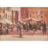 PITTORE DEL XX SECOLO OLIO su masonite "Mercato", firmato in basso a destra. Misure: cm 23 x 32