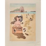 SALVADOR DALI' (Figueres 1904 - 1989) XILOGRAFIA a colori "Figure sulla spiaggia", esemplare 39/150,