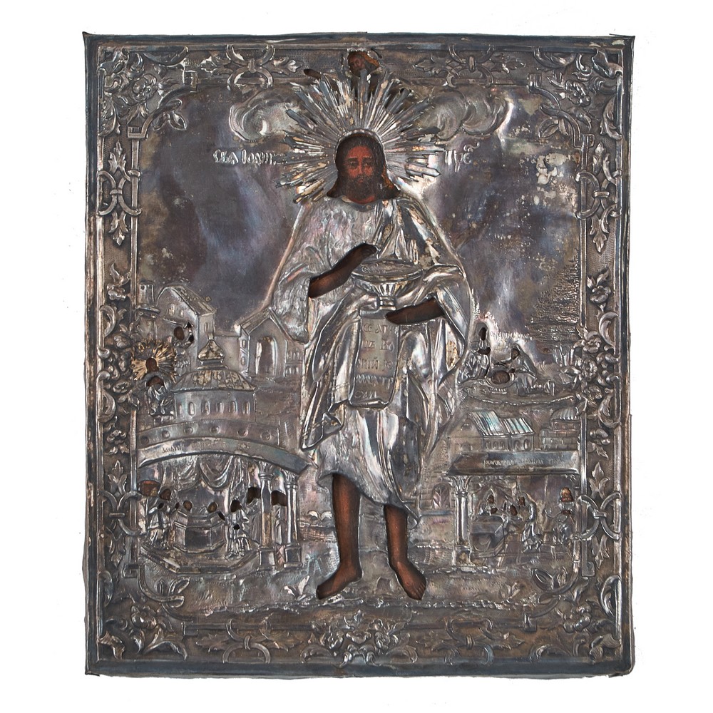 ICONA raffigurante "Cristo" con riza in lamina d'argento. Russia XIX secolo Misure: cm 34 x 29