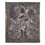 ICONA raffigurante "Cristo" con riza in lamina d'argento. Russia XIX secolo Misure: cm 34 x 29