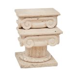 BASE realizzata con due capitelli in travertino. Italia meta' '900 Misure: cm 45 x 45 x h cm 57