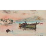 ERMINIO CREMP (Palermo 1860 - 1936) ACQUARELLO "Paesaggio marino con barca". Misure: cm 33 x 43,5