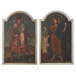 COPPIA ICONE in legno dipinto raffigurante "Cristo" e "Figura di Santo". Est Europa XIX secolo