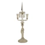 CANDELABRO a tre luci in cristallo di Bohemia con fusto a guisa di figura femminile. Fine '800