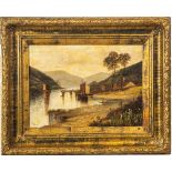 WILSON OLIO su tela "Paesaggio con fiume e barche", firmato in basso a sinistra. Misure: cm 41 x 56