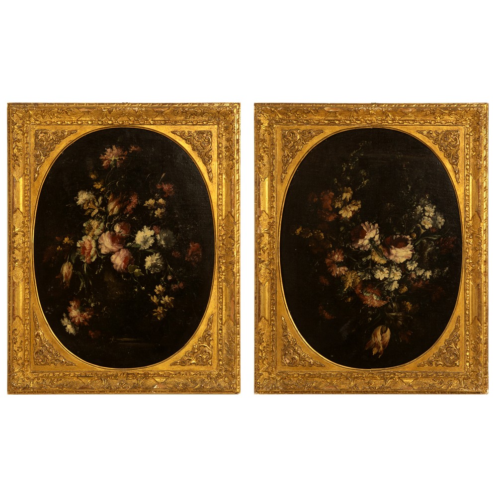 ANDREA SCACCIATI (Firenze 1642 - 1710) COPPIA OLI su tela "Composizioni di fiori entro vasi