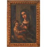 SCUOLA SICILIANA DEL XVII SECOLO OLIO su tavola "Madonna con Bambino" entro cornice in legno