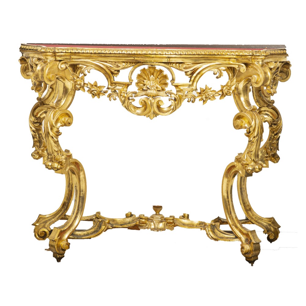 CONSOLE stile Luigi XV in legno dorato ad oro zecchino con piano in velluto. Sicilia XIX secolo