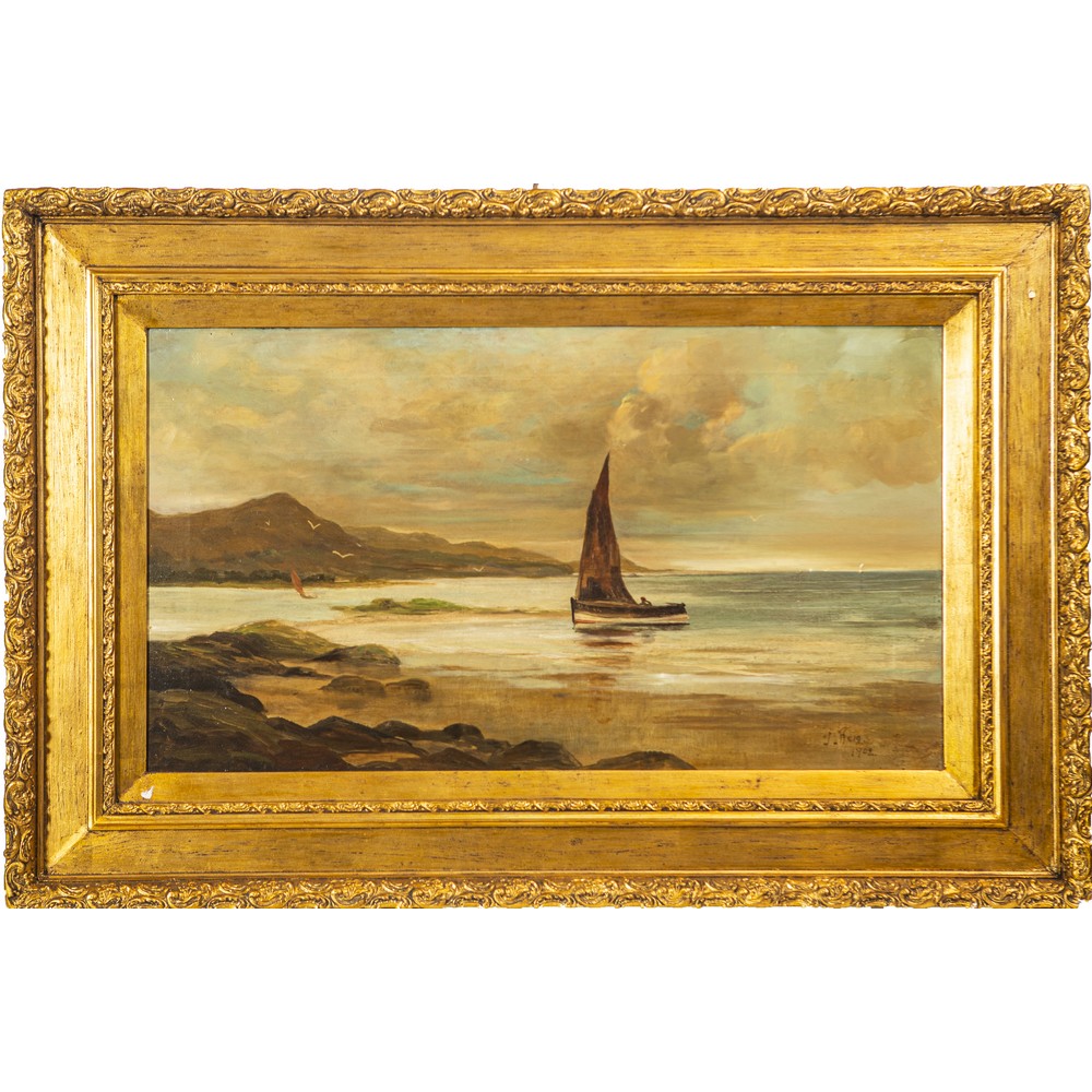 J. ROIG OLIO su tela "Paesaggio marino con barca a vela", datato 1902, firmato in basso a desta,