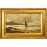 J. ROIG OLIO su tela "Paesaggio marino con barca a vela", datato 1902, firmato in basso a desta,