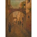 ROCCO LENTINI (Palermo 1858 - Venezia 1943) OLIO su tavola "Paesaggio urbano con personaggi (Via
