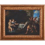 PITTORE ATTIVO A ROMA XVII - XVII SECOLO OLIO su tela "Il ratto delle Sabine". Misure: cm 50 x 68