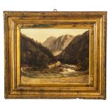 SCUOLA INGLESE DEL XIX SECOLO OLIO su tela "Strada di montagna con fiume". Misure: cm 41 x 52