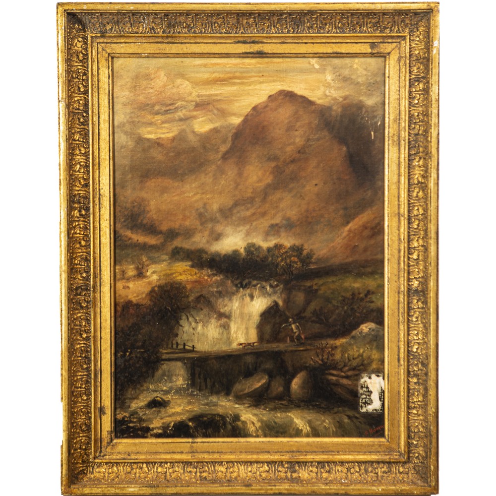SCUOLA INGLESE DEL XIX SECOLO OLIO su tela "Paesaggio montano con cascata". Misure: cm 61 x 45