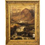 SCUOLA INGLESE DEL XIX SECOLO OLIO su tela "Paesaggio montano con cascata". Misure: cm 61 x 45