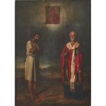 ICONA su tavola "Apparizione di San Nicola a San Simeone Eremita". Est Europa XIX secolo Misure: