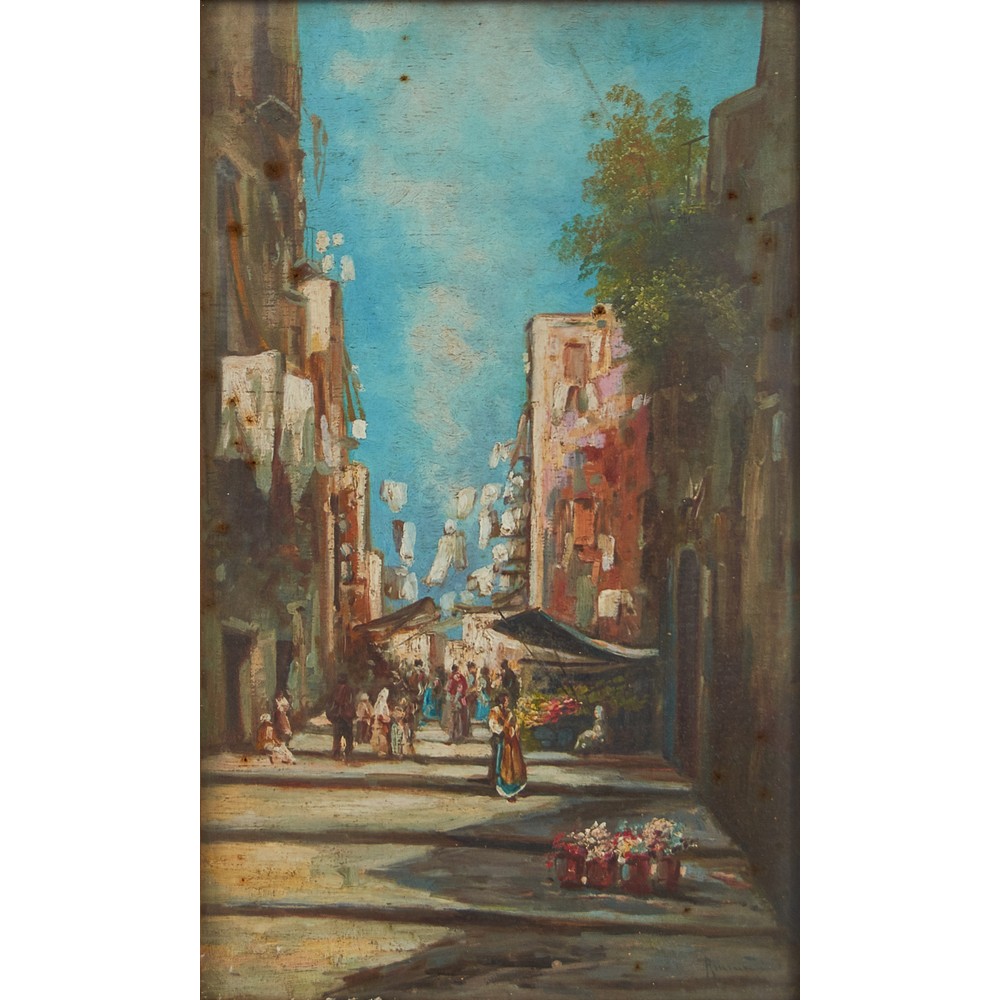 OSCAR RICCIARDI (Napoli 1864 - 1935) OLIO su tavoletta "Vicolo cittadino con mercato". Misure: cm 36