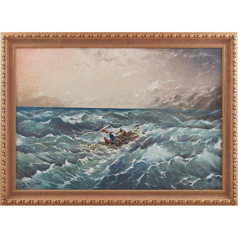 IRENE WISCHIN OLIO su tela "Zattera nel mare in tempesta - 1900". Misure: cm 97,5 x 141,5