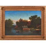 OLIO su tela "Paesaggio con lago" monogrammato e datato 1873 in basso a destra entro cornice coeva