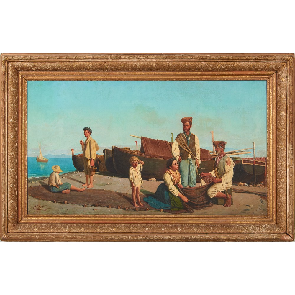 MICHELE CORTEGIANI (Napoli 1857 - Tunisi 1928) OLIO su tela "Pescatori con barche a secco",