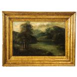 SCUOLA INGLESE DEL XIX SECOLO OLIO su tela "Paesaggio con lago". Misure: cm 51 x 76