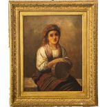 R. TOSINI OLIO su tela "Figura femminile in abiti folkloristici e tamburello". Misure: cm 47 x 36