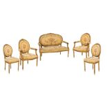 SALOTTO composto da DIVANO, due POLTRONE e da due SEDIE stile Luigi XVI in legno dorato ed