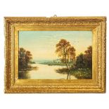 D. EMILE OLIO su tela "Paesaggio con lago" entro cornice coeva in legno dorato. Inghilterra fine XIX