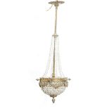 LAMPADARIO a mongolfiera in metallo dorato con brindoli. Italia primi '900 Misure: h cm 74