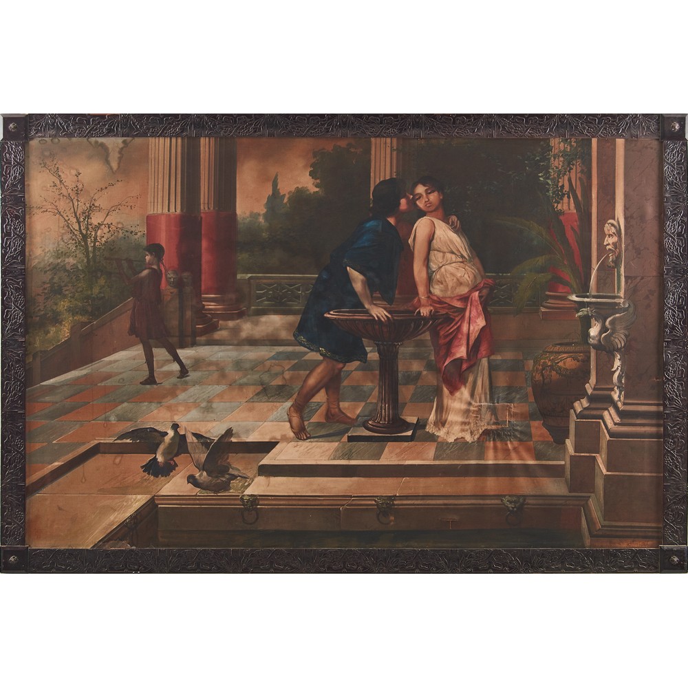 SCUOLA ITALIANA DEL XIX SECOLO OLIO su tela "Villa Romana con scena galante". Misure: cm 122 x 187