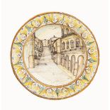PIATTO in ceramica smaltata e decorata (usure e difetti). Italia XX secolo Misure: diametro cm 56