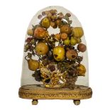 COMPOSIZIONE di fiori e frutta in cera entro campana in vetro. Italia XIX secolo Misure: cm 44 x