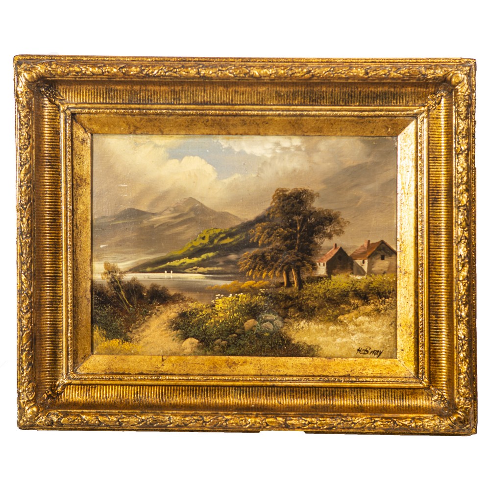 H. BERRY OLIO su tela "Paesaggio montano con lago". Inghilterra fine '800 Misure: cm 41 x 56