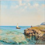 RAIMONDO MIRABELLA (Palermo 1914 - 1979) OLIO su tela "Paesaggio marino con barca e personaggi",