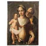 SCUOLA ITALIANA DEL XVII SECOLO OLIO su tavola "Sacra Famiglia". Misure: cm 97 x 69