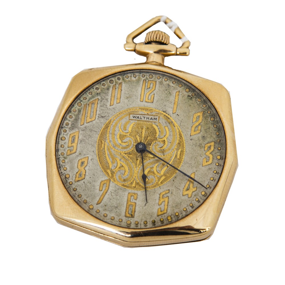 OROLOGIO da tasca Waltham in oro 14 Kt., movimento ad ancora (lievi usure). Anni '30