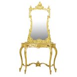 CONSOLE con specchio sagomato stile Luigi XV in legno dorato ad oro zecchino, piano in marmo