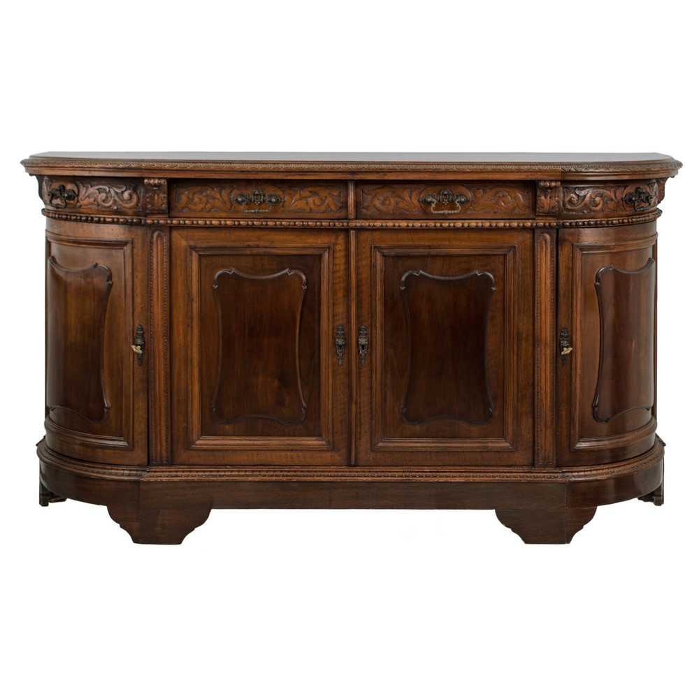 CREDENZA in noce con due ante centrali e due ante bombate laterali con cassetti sovrastanti.