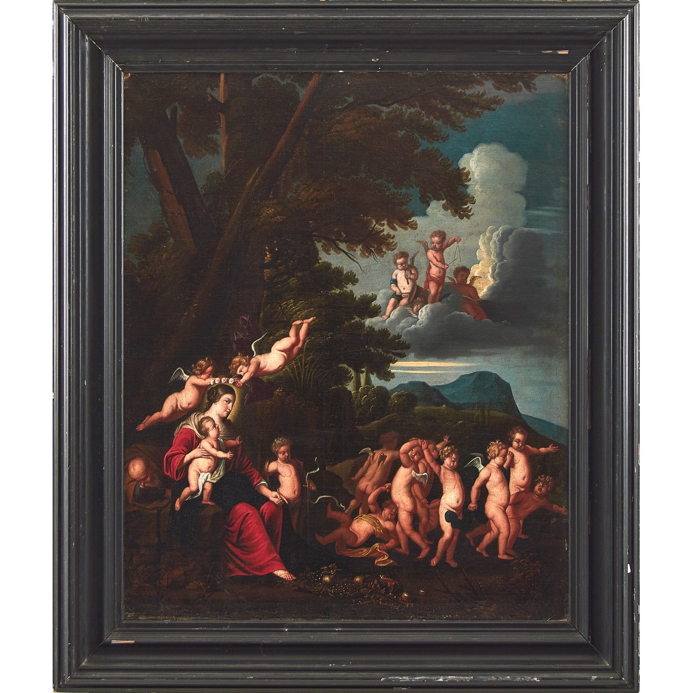 SCIPIONE COMPAGNO (attr.le) (Napoli 1624 circa - post 1680) OLIO su tela "Sacra Famiglia con San