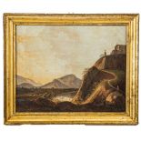 PITTORE DEL XIX SECOLO OLIO su tela "Paesaggio montano con Chiesa". Misure: cm 45 x 52