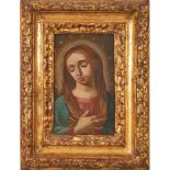 SCUOLA SICILIANA DEL XVIII SECOLO OLIO su tavola "La Vergine" entro cornice in legno dorato ad