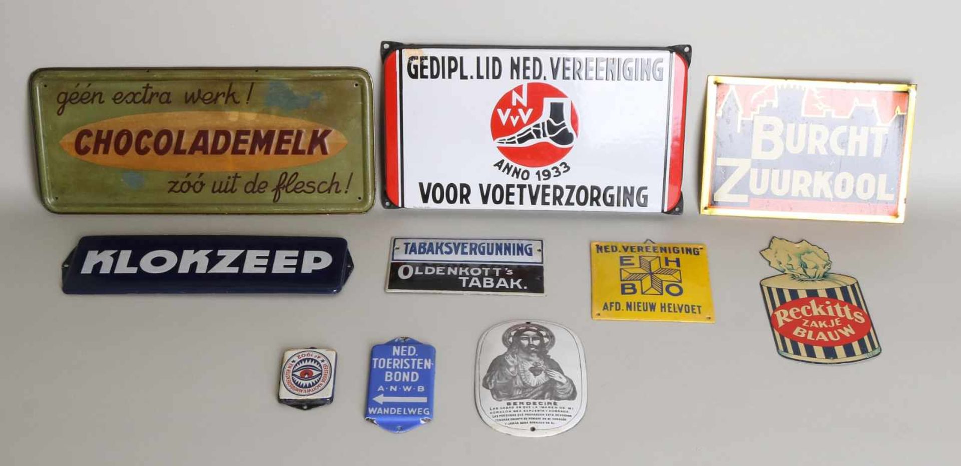 Ten old / antique enamel and tin billboards. Divers. Among other things: Clock soap, chocolate milk,