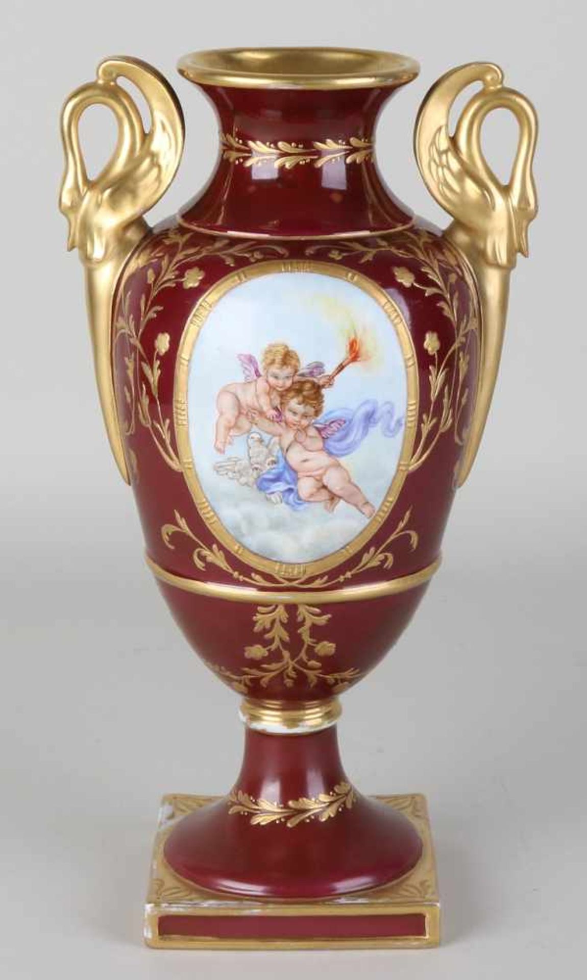 Old / antique porcelain hand-painted vase with putti and gold decor. Marked PM Dipinto a Mano.