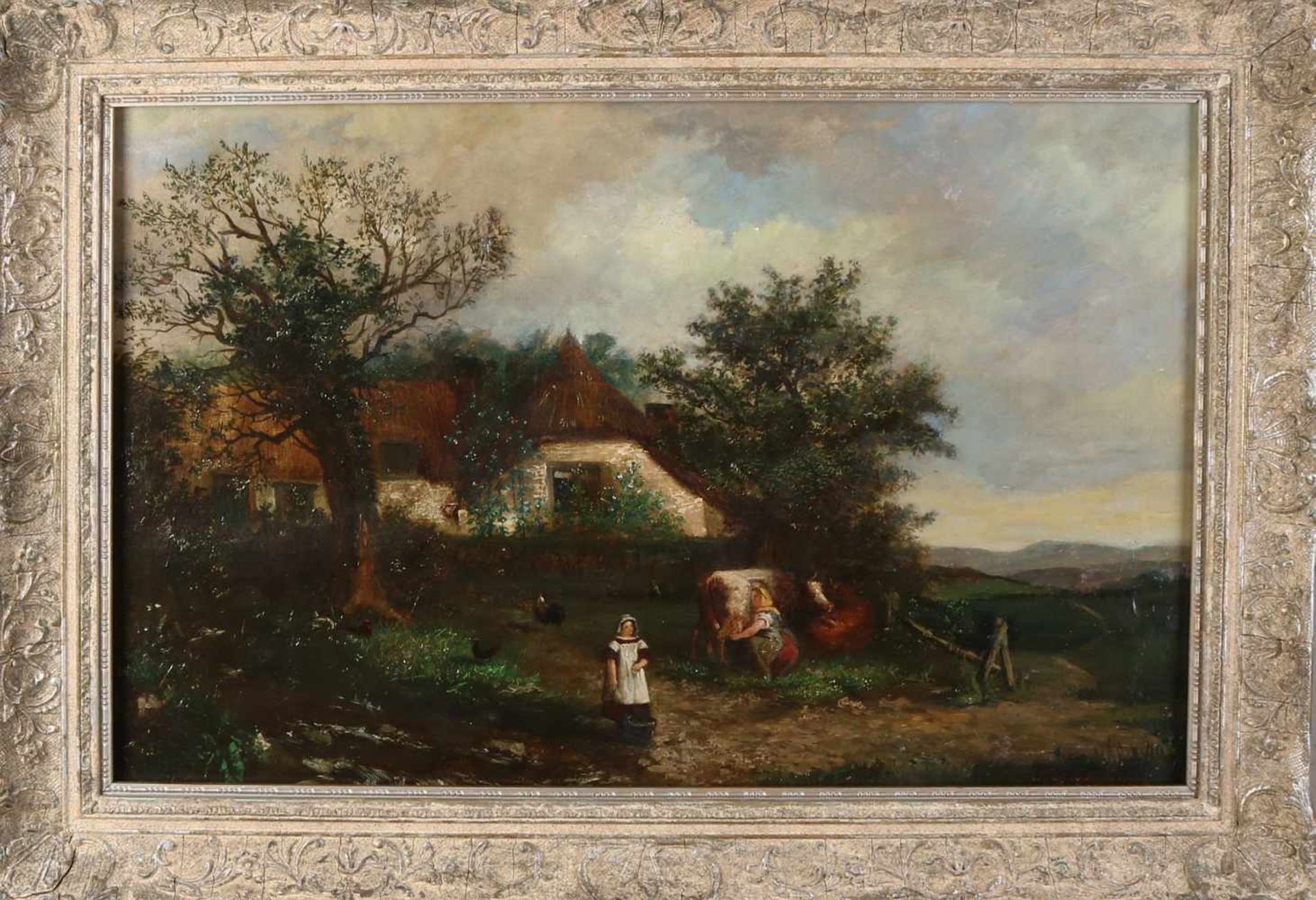 FA Philips. 1835 - 1903. Farm with cattle and figures. Oil on linen. Dimensions: 76 x 50 cm. In good