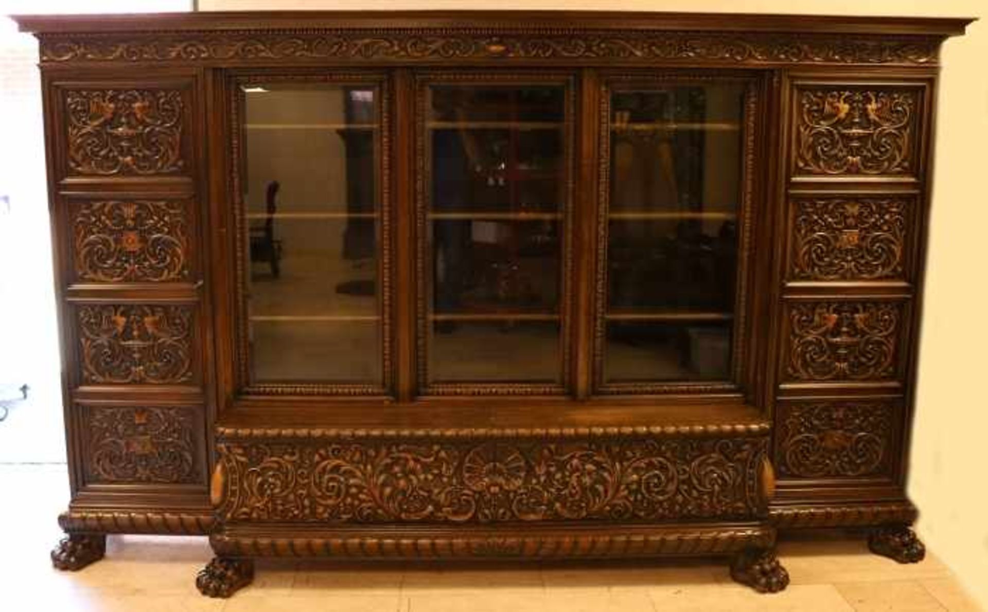 Very large antique walnut Italian Renaissance-style removable display cabinet with two wooden doors,