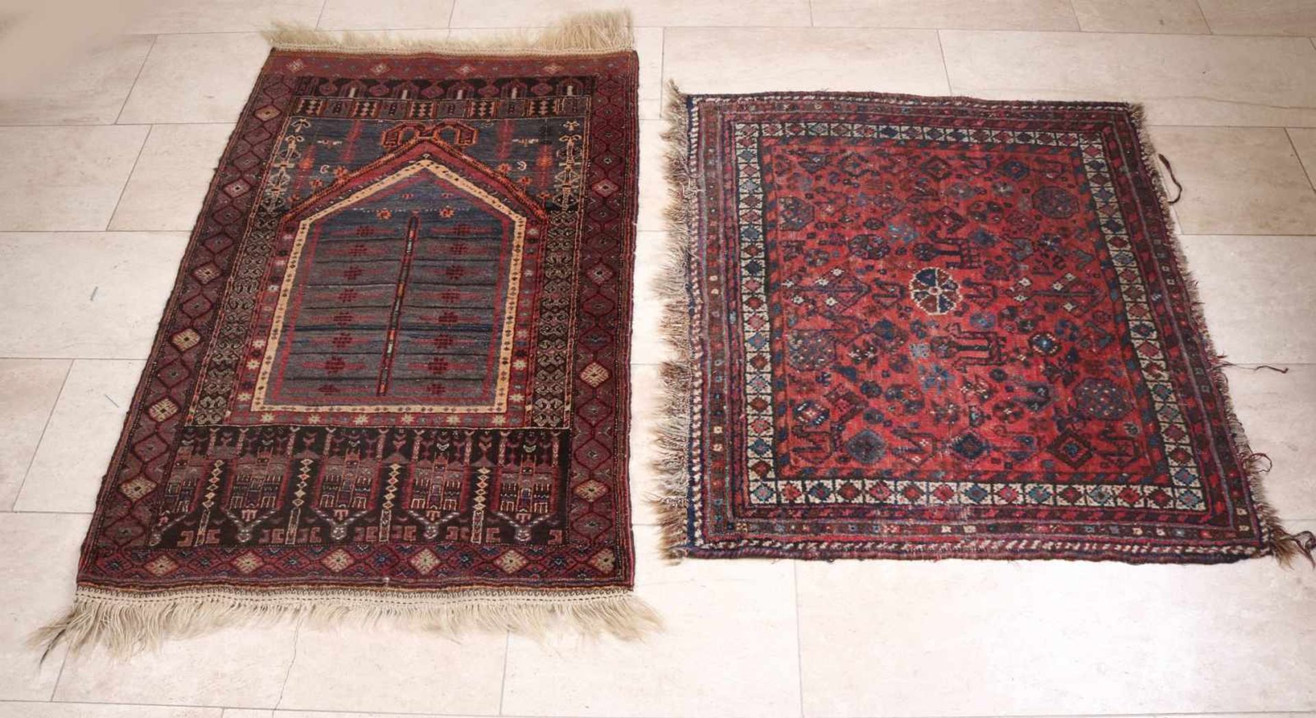 Two ancient Persian rugs. Among other things: Prayer blanket. Multi-colored floral. Dimensions: