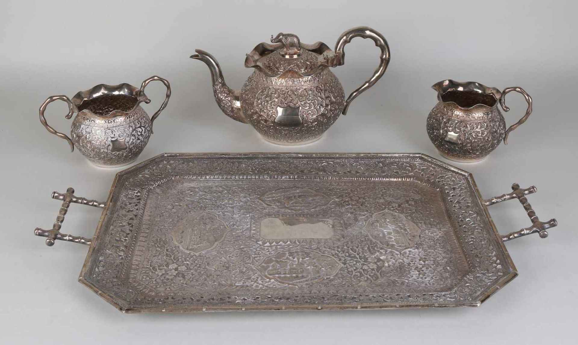 Richly decorated silver service, BWG, 4 parts with a tea jug, milk jug, sugar bowl and tray.