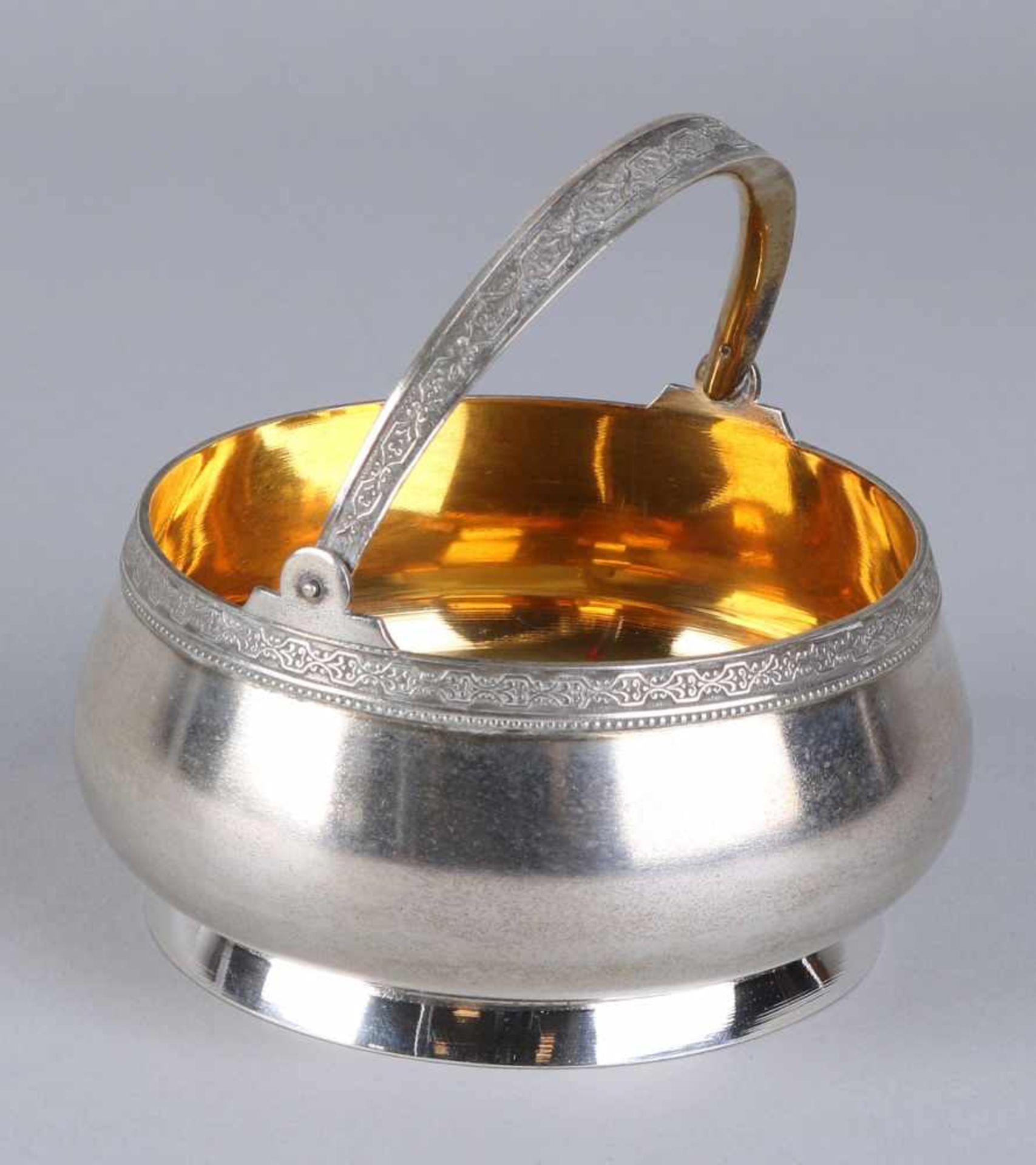 Silver sugar bowl, 916/000, Russian, Round model with machined edge and handle decorated with