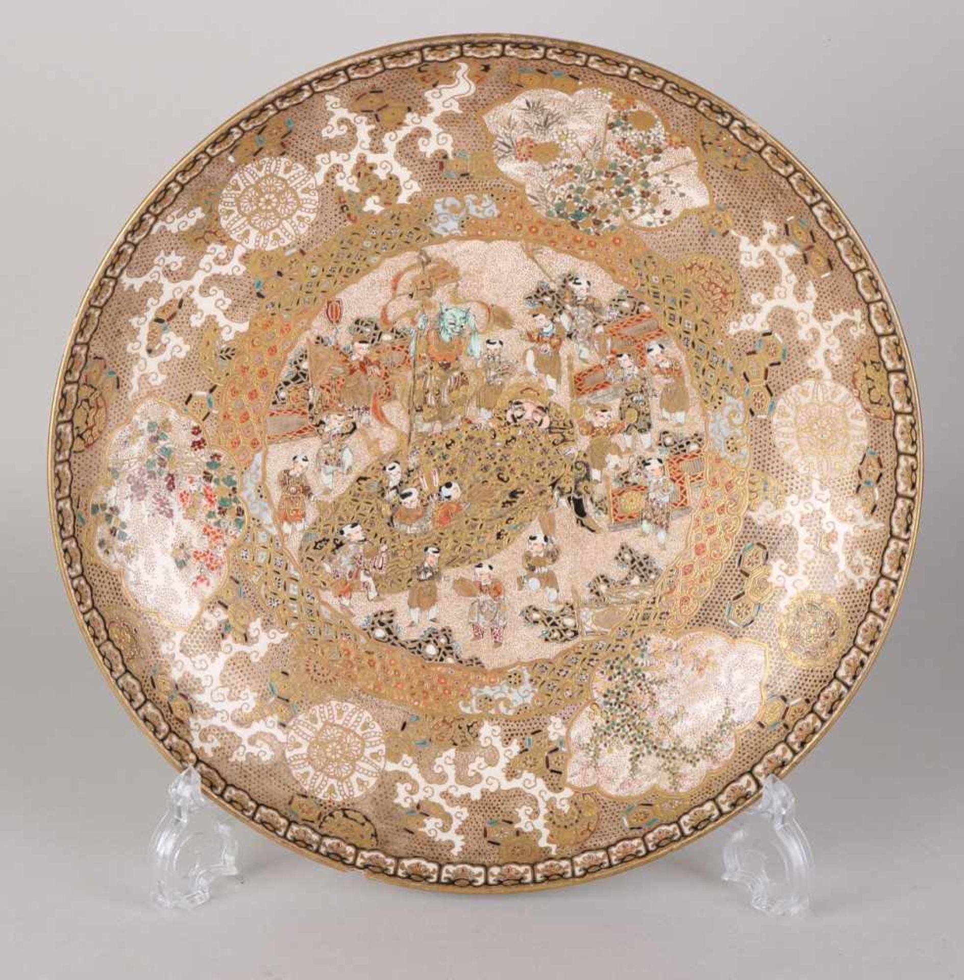 19th Century rare Japanese-signed Satsuma decorative dish with dancing children + gold decor. One